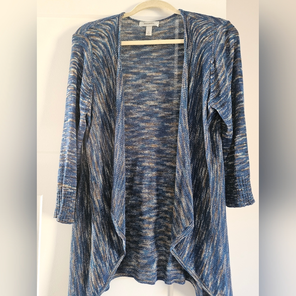 dressbarn Blue Marled Open-Front Cardigan with Cream Accents
